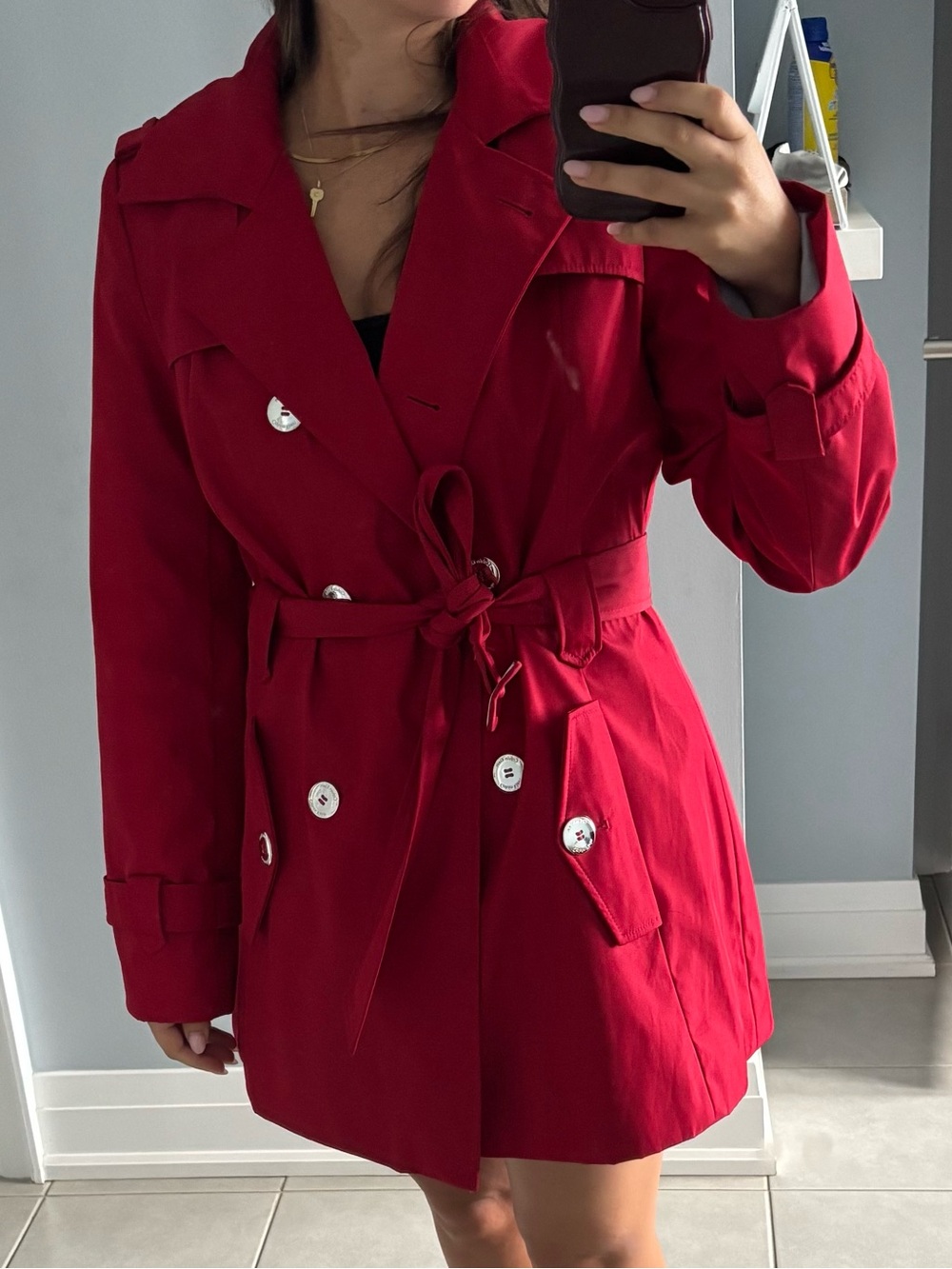 Calvin Klein Red Double-Breasted Trench with Tie Belt